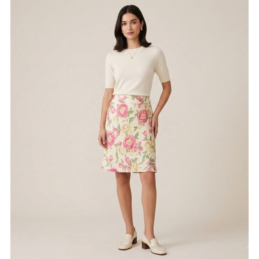 Ann Taylor LOFT Pink Rose Floral Linen Blend Lined Knee Length Skirt Women’s 14